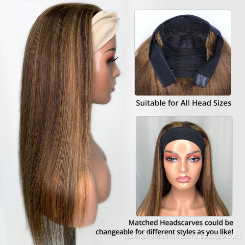 Cheap Raw Indian Virgin Human Hair Wigs Bulk Highlight  Headband Hair Wig 180% Density Human Hair Brown Straight Headband Wig